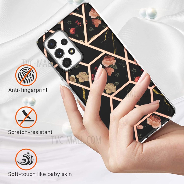 Anti-Drop Flexible TPU Cover Case with Electroplating IMD Marble Pattern for Samsung Galaxy A52 5G / A52 4G (2.0mm) - Black Flowers-3