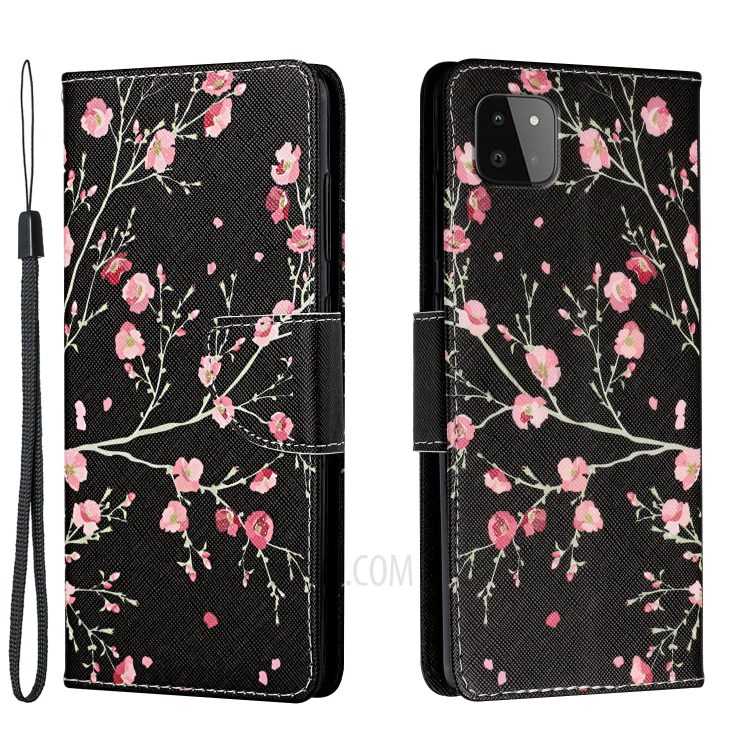 Pattern Printing Leather Stand Wallet Phone Case Shell for Samsung Galaxy A22 5G (EU Version) - Red Flowers in Black-1