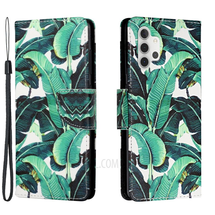 Pattern Printing Leather Stand Wallet Phone Case Shell for Samsung Galaxy A32 4G (EU Version) - Banana Leaves-1