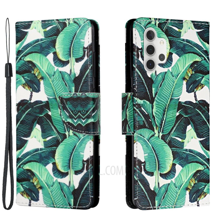 Padrão Printing Leather Stand Phone Case Shell Para Samsung Galaxy A32 4G (versão da Ue) - Folhas de Bananeira