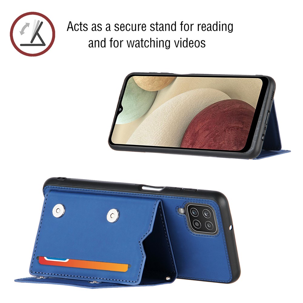 Kickstand Card Holder Glossy Leather TPU Protective Case for Samsung Galaxy A12 - Blue-4