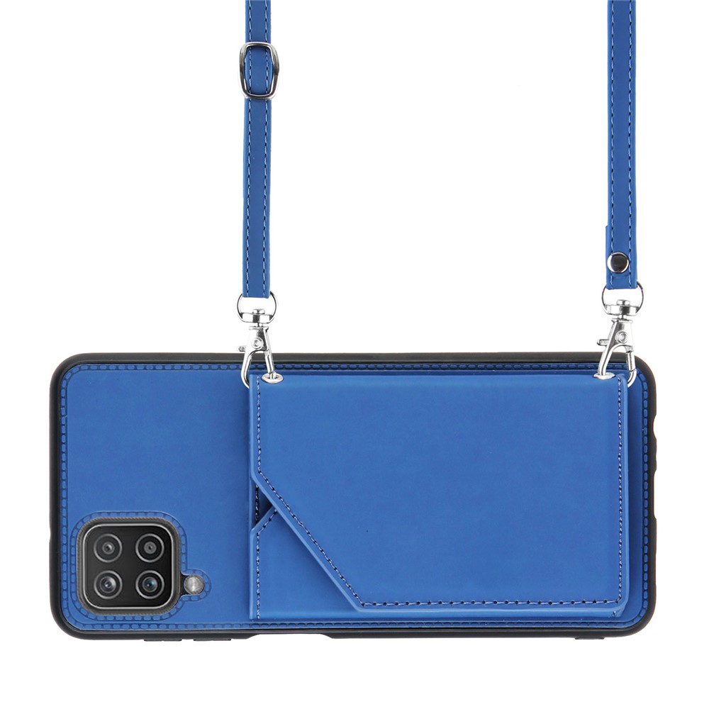 Kickstand Card Holder Glossy Leather TPU Protective Case for Samsung Galaxy A12 - Blue-5