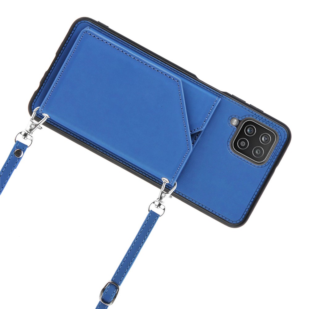 Kickstand Card Holder Glossy Leather TPU Protective Case for Samsung Galaxy A12 - Blue-6
