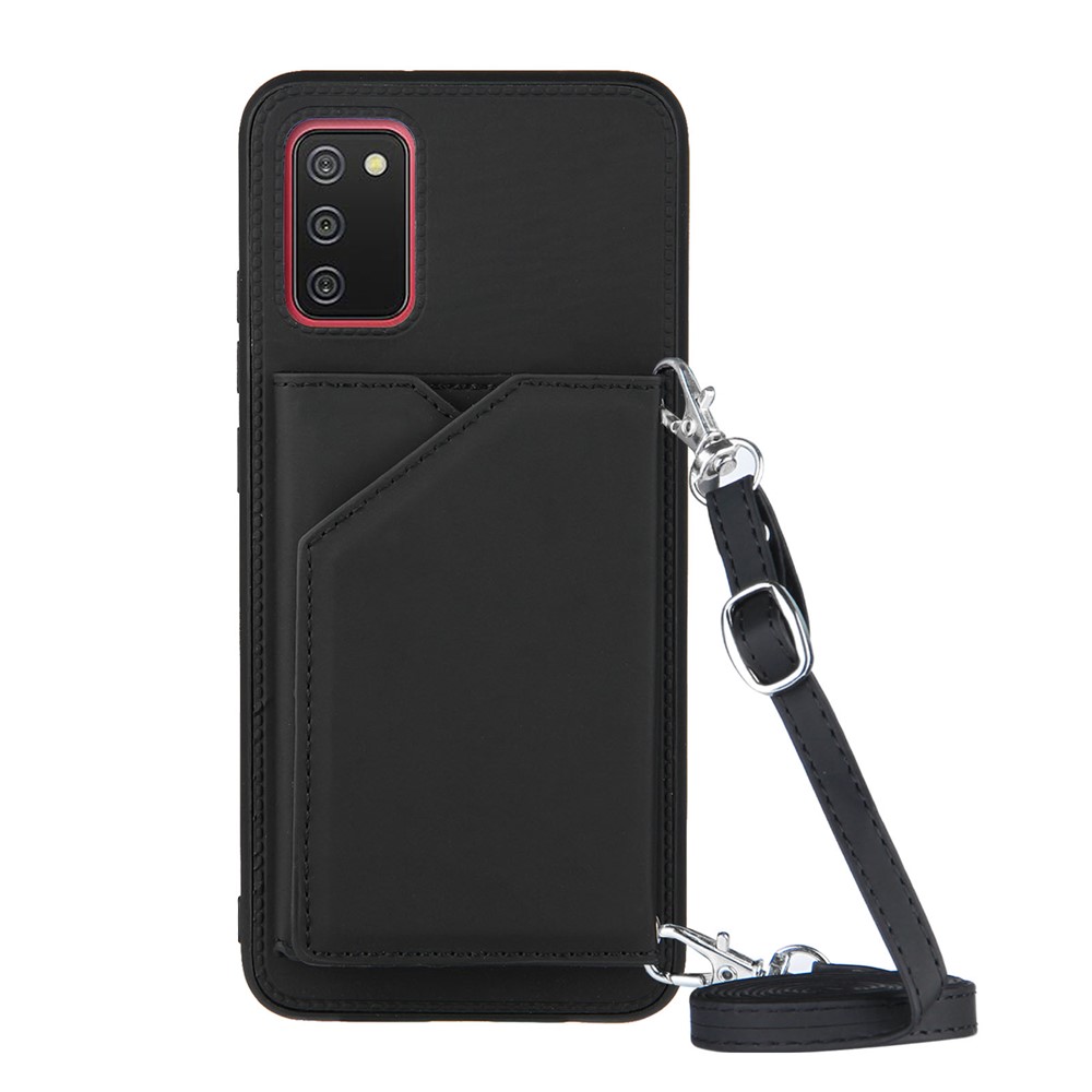 Card Holder Design Smooth Leather Phone Stand Case with Shoulder Strap for Samsung Galaxy A02s (166.5x75.9x9.2mm) - Black-1