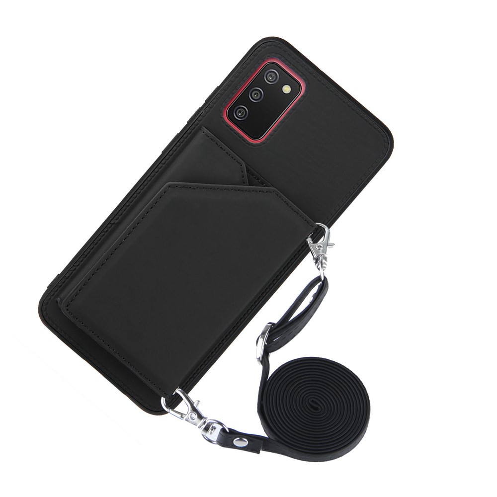 Card Holder Design Smooth Leather Phone Stand Case with Shoulder Strap for Samsung Galaxy A02s (166.5x75.9x9.2mm) - Black-2