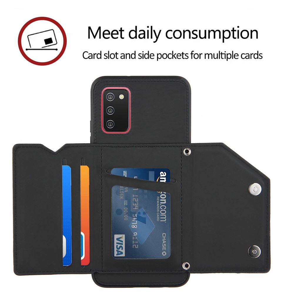 Card Holder Design Smooth Leather Phone Stand Case with Shoulder Strap for Samsung Galaxy A02s (166.5x75.9x9.2mm) - Black-3