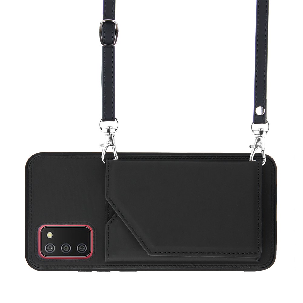 Card Holder Design Smooth Leather Phone Stand Case with Shoulder Strap for Samsung Galaxy A02s (166.5x75.9x9.2mm) - Black-5