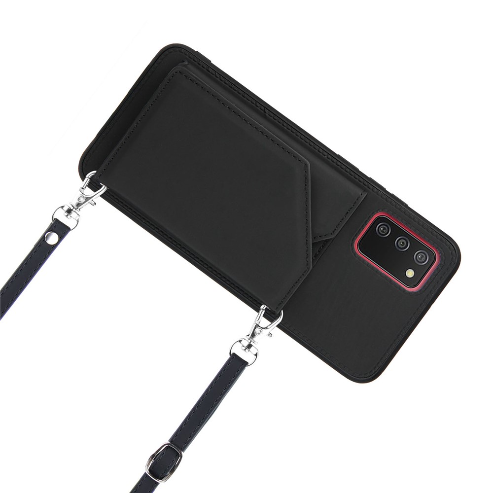 Card Holder Design Smooth Leather Phone Stand Case with Shoulder Strap for Samsung Galaxy A02s (166.5x75.9x9.2mm) - Black-6