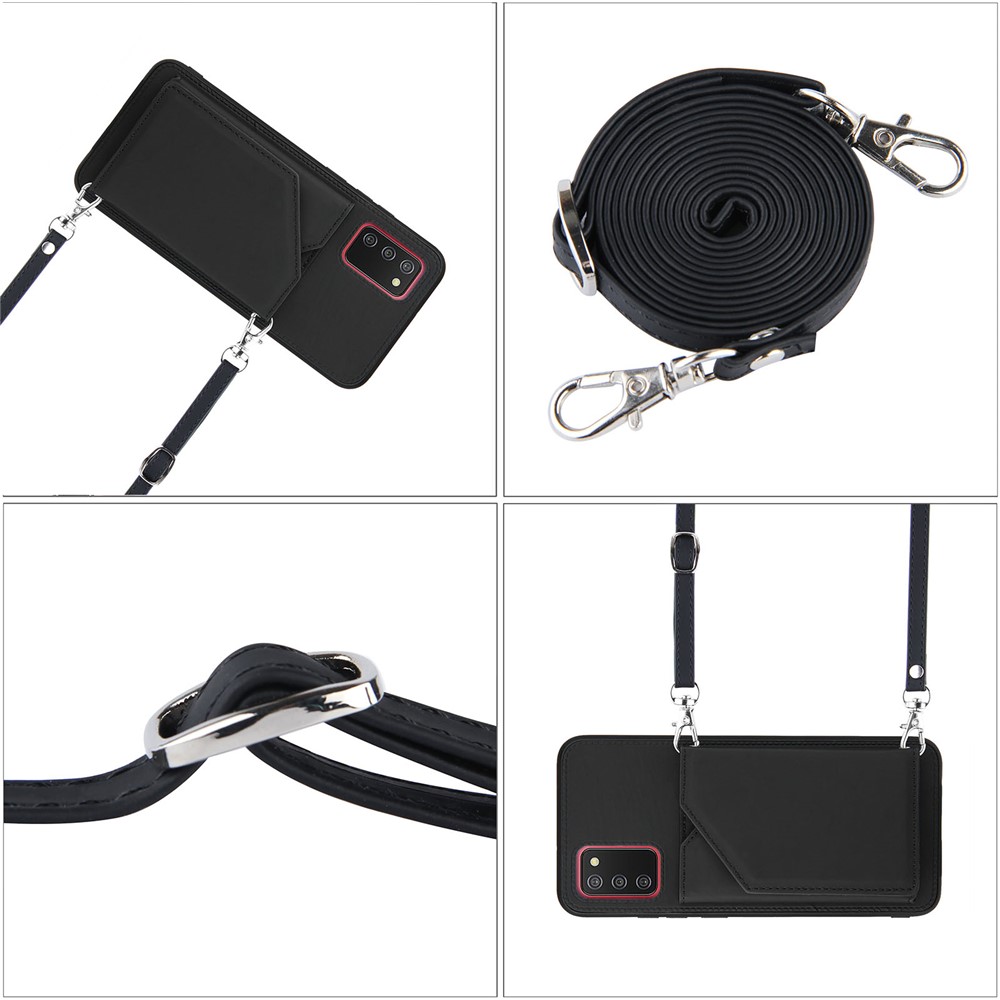 Card Holder Design Smooth Leather Phone Stand Case with Shoulder Strap for Samsung Galaxy A02s (166.5x75.9x9.2mm) - Black-7