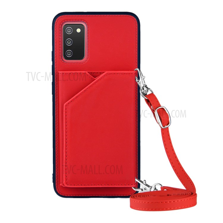 Card Holder Design Leather Stand Case with Shoulder Strap for Samsung Galaxy A02s (164.2x75.9x9.1mm) - Red-1