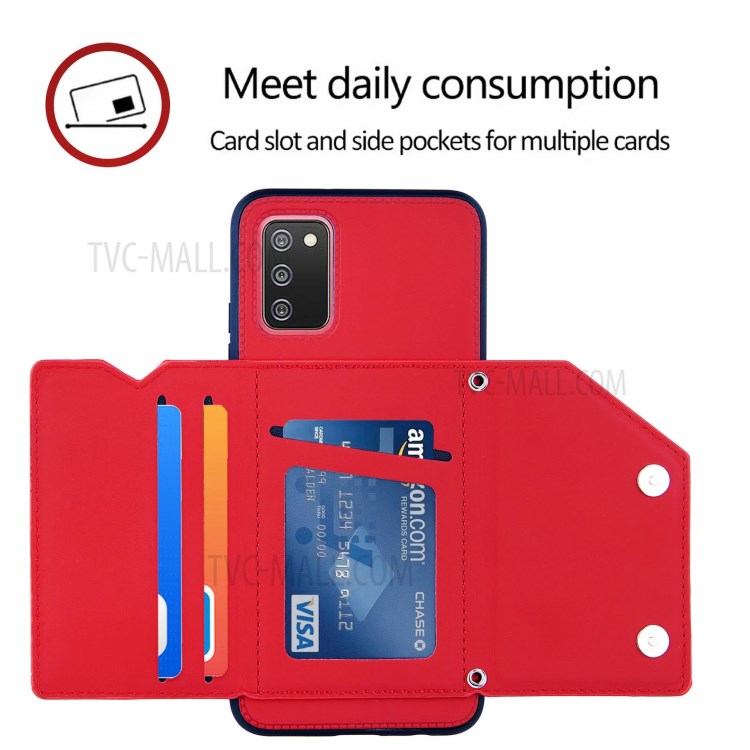 Card Holder Design Leather Stand Case with Shoulder Strap for Samsung Galaxy A02s (164.2x75.9x9.1mm) - Red-3