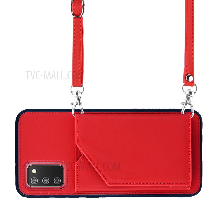 Card Holder Design Leather Stand Case with Shoulder Strap for Samsung Galaxy A02s (164.2x75.9x9.1mm) - Red-5