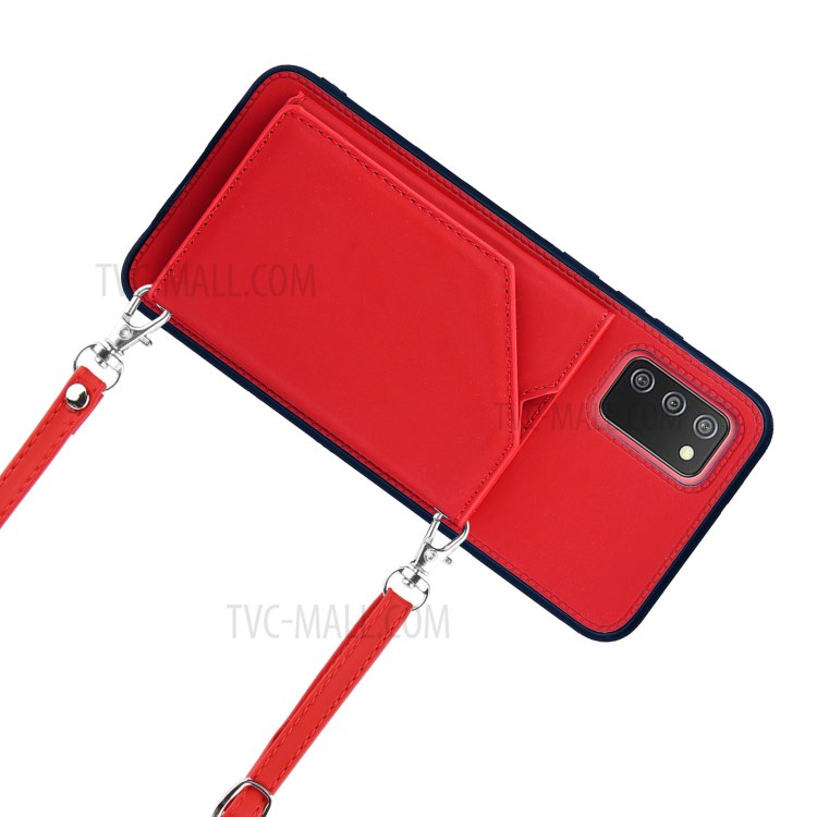 Card Holder Design Leather Stand Case with Shoulder Strap for Samsung Galaxy A02s (164.2x75.9x9.1mm) - Red-6