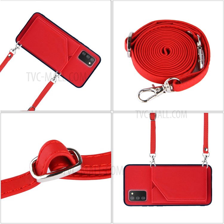 Card Holder Design Leather Stand Case with Shoulder Strap for Samsung Galaxy A02s (164.2x75.9x9.1mm) - Red-7