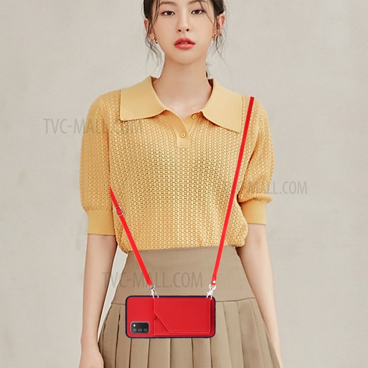 Card Holder Design Leather Stand Case with Shoulder Strap for Samsung Galaxy A02s (164.2x75.9x9.1mm) - Red-8