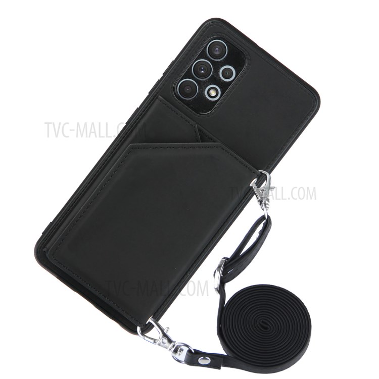 Kickstand Card Holder Glossy Leather TPU Case for Samsung Galaxy A32 4G (European Version) - Black-2