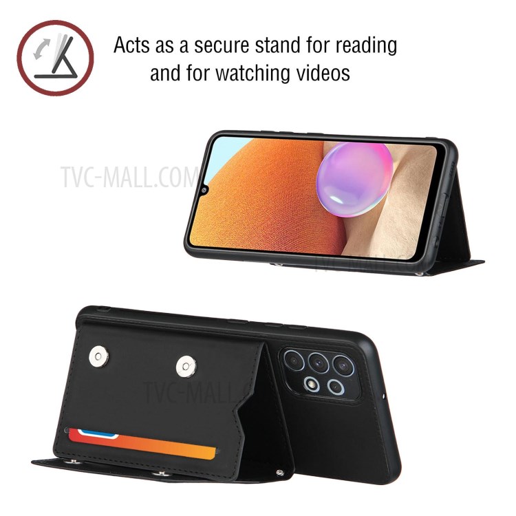 Kickstand Card Holder Glossy Leather TPU Case for Samsung Galaxy A32 4G (European Version) - Black-4