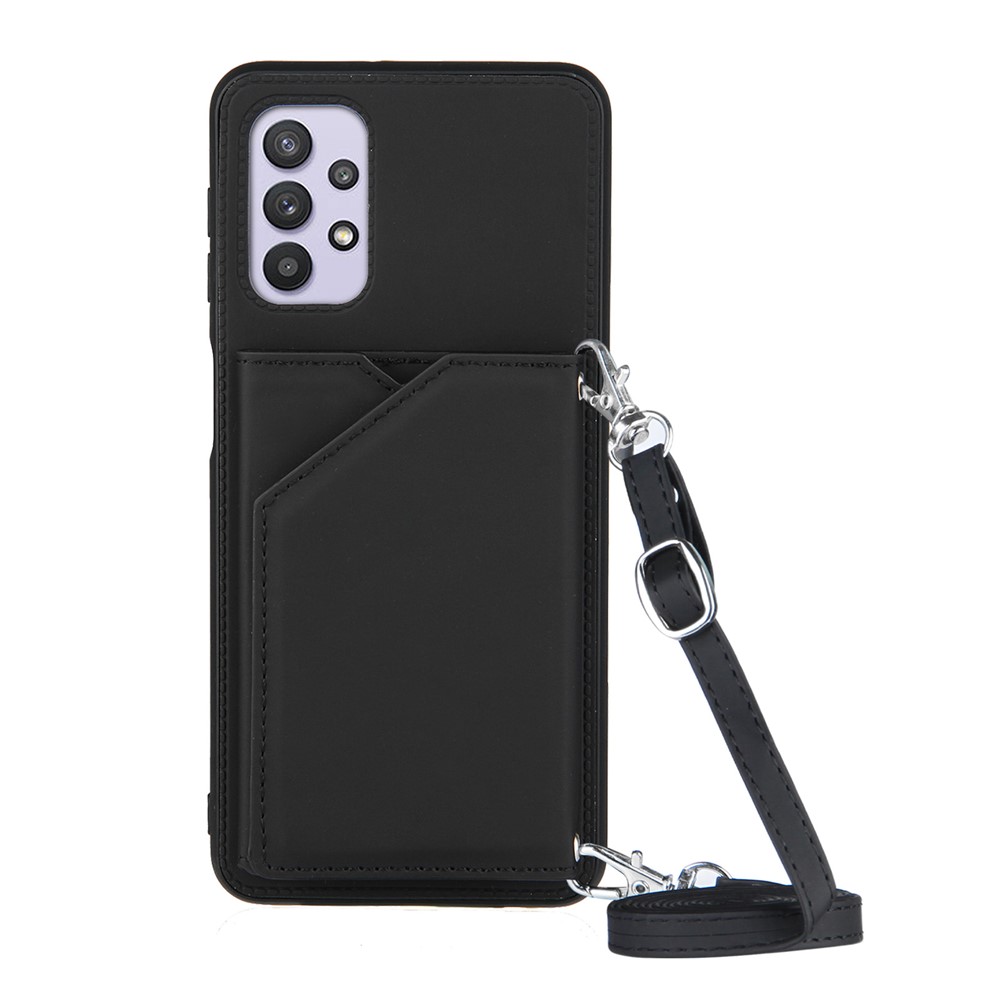 Stand Card Holder Glossy Leather TPU Case for Samsung Galaxy A32 5G with Shoulder Strap - Black-1