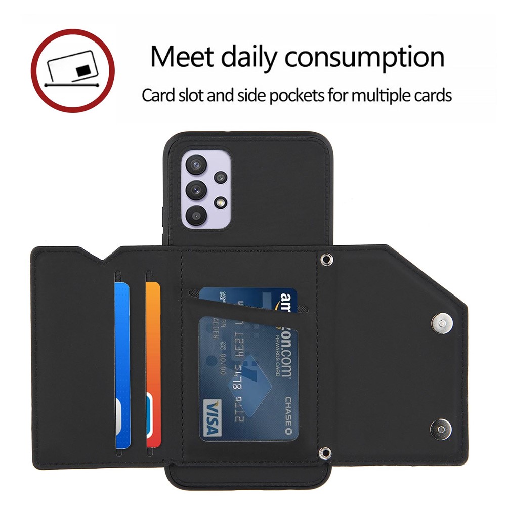 Stand Card Holder Glossy Leather TPU Case for Samsung Galaxy A32 5G with Shoulder Strap - Black-3