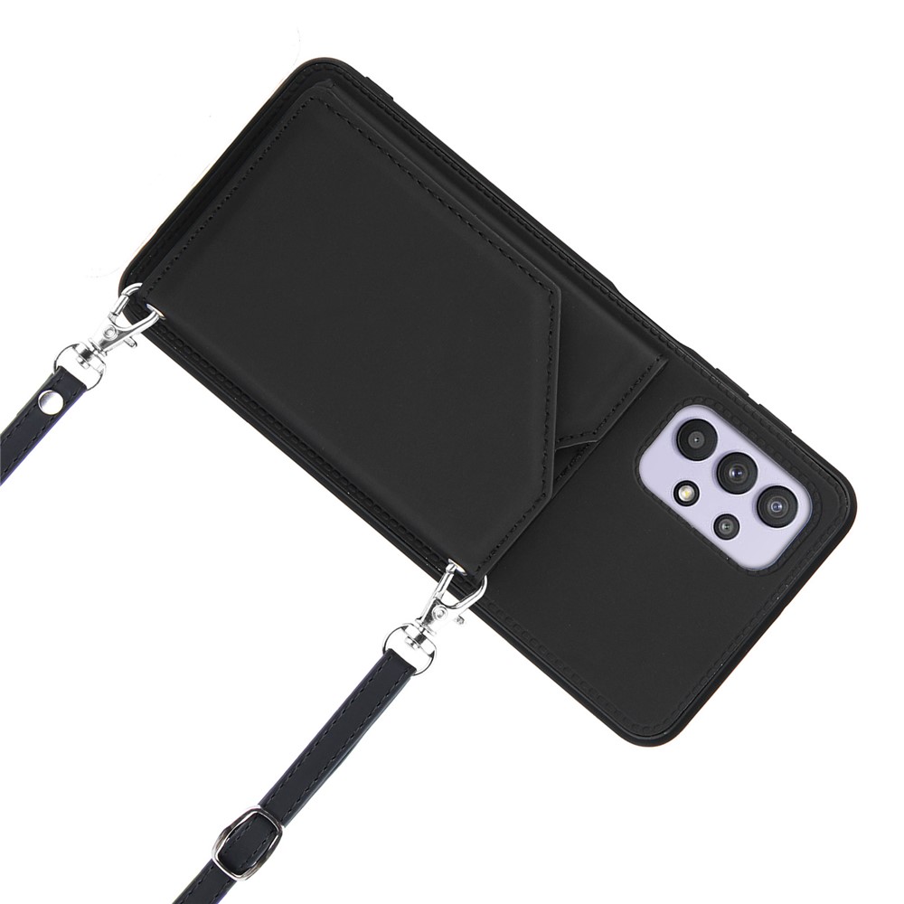 Stand Card Holder Glossy Leather TPU Case for Samsung Galaxy A32 5G with Shoulder Strap - Black-6