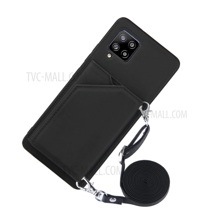 Kickstand Card Holder Leather Skin TPU Phone Case with Lanyard for Samsung Galaxy A42 5G - Black-2