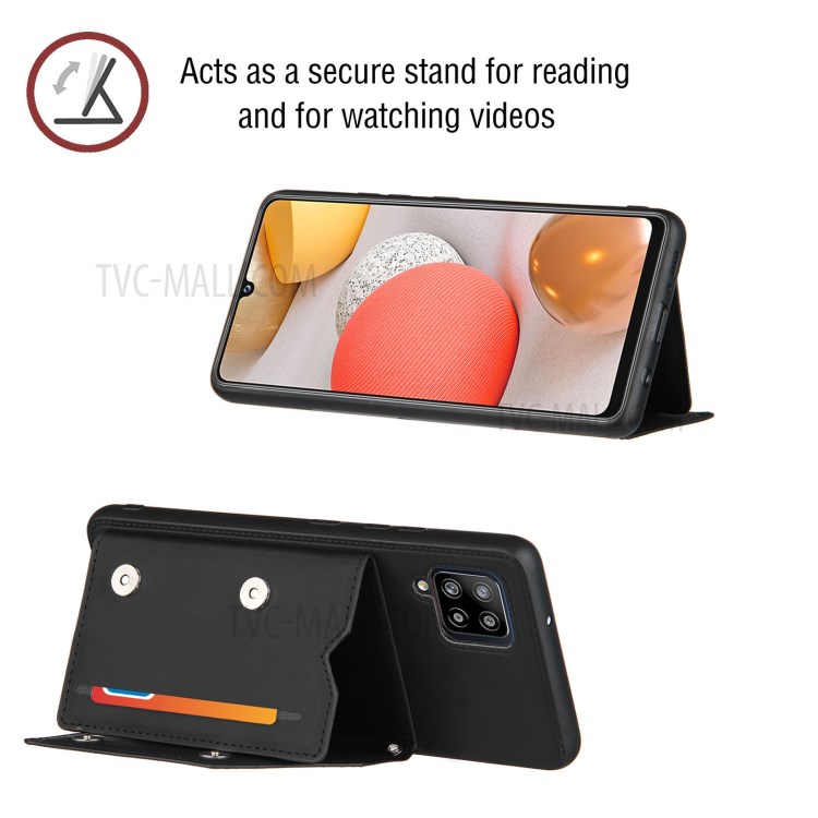 Kickstand Card Holder Leather Skin TPU Phone Case with Lanyard for Samsung Galaxy A42 5G - Black-4