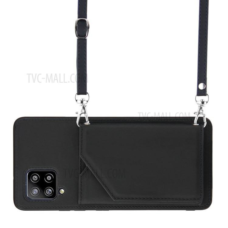 Kickstand Card Holder Leather Skin TPU Phone Case with Lanyard for Samsung Galaxy A42 5G - Black-5