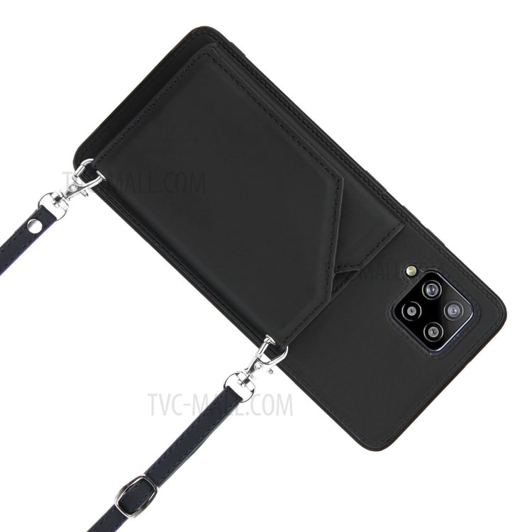 Kickstand Card Holder Leather Skin TPU Phone Case with Lanyard for Samsung Galaxy A42 5G - Black-6
