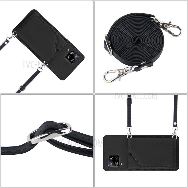 Kickstand Card Holder Leather Skin TPU Phone Case with Lanyard for Samsung Galaxy A42 5G - Black-7