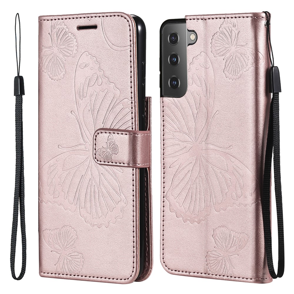 Imprint Butterfly Leather Wallet Shell Case for Samsung Galaxy S21 FE/S21 Fan Edition - Rose Gold-1