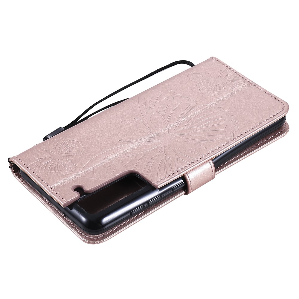 Imprint Butterfly Leather Wallet Shell Case for Samsung Galaxy S21 FE/S21 Fan Edition - Rose Gold-11
