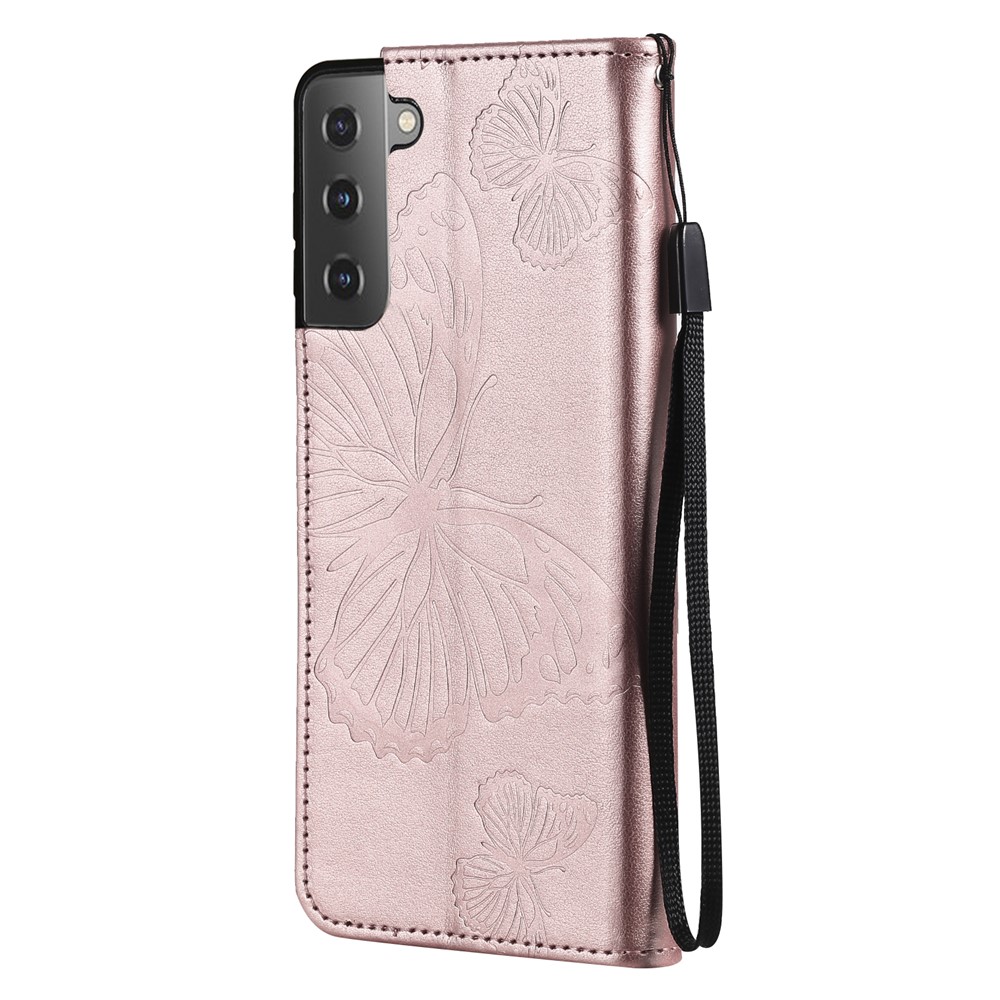 Imprint Butterfly Leather Wallet Shell Case for Samsung Galaxy S21 FE/S21 Fan Edition - Rose Gold-6