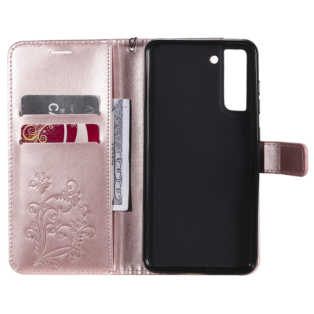 Imprint Butterfly Leather Wallet Shell Case for Samsung Galaxy S21 FE/S21 Fan Edition - Rose Gold-7
