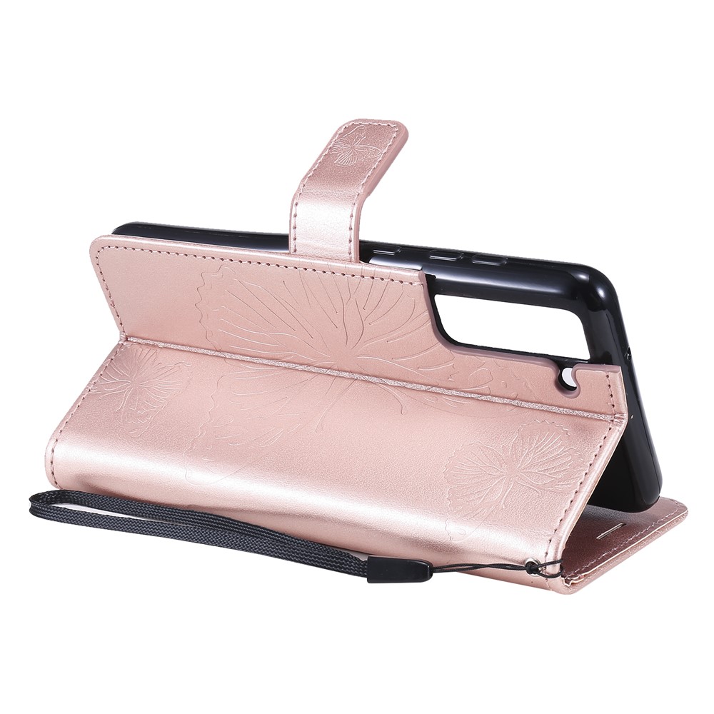 Imprint Butterfly Leather Wallet Shell Case for Samsung Galaxy S21 FE/S21 Fan Edition - Rose Gold-8