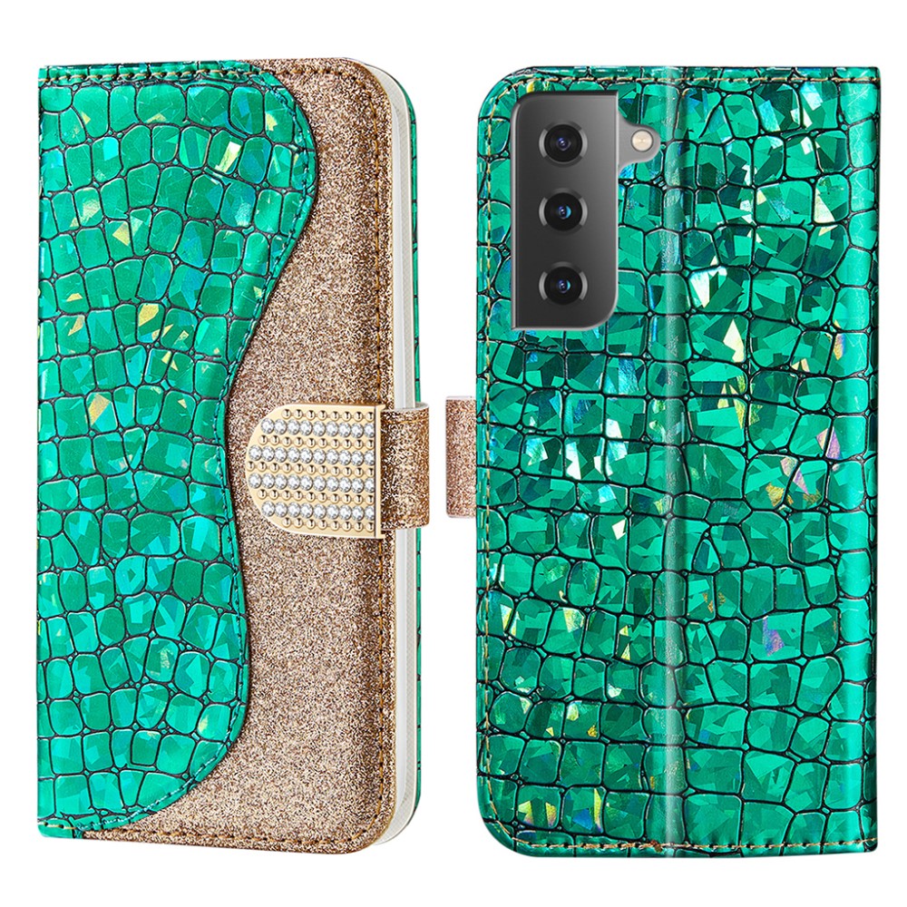 Glittery Powder Splicing Crocodile Skin Leather Wallet Case for Samsung Galaxy S21 FE - Green-1