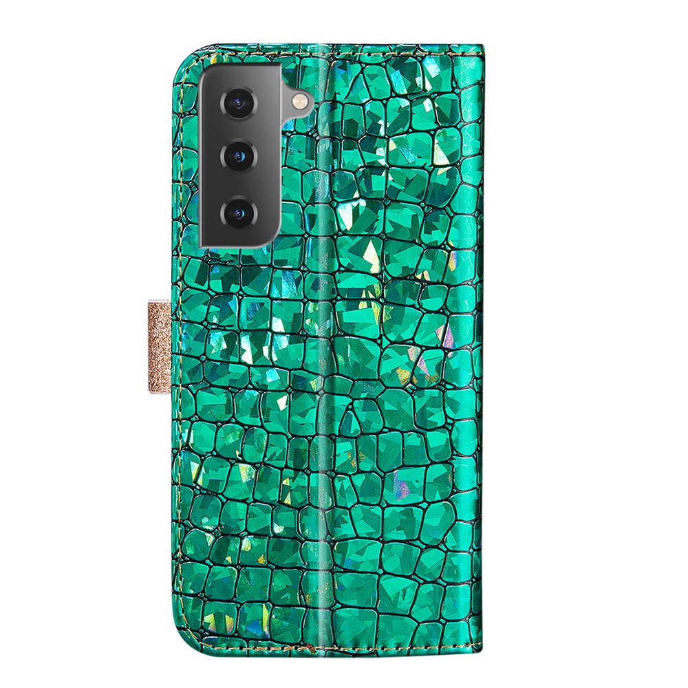 Glittery Powder Splicing Crocodile Skin Leather Wallet Case for Samsung Galaxy S21 FE - Green-10