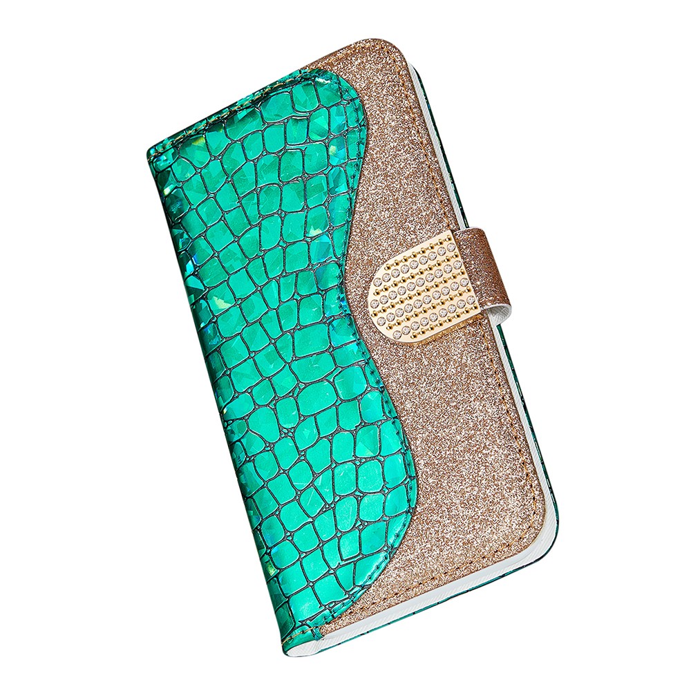 Glittery Powder Splicing Crocodile Skin Leather Wallet Case for Samsung Galaxy S21 FE - Green-12