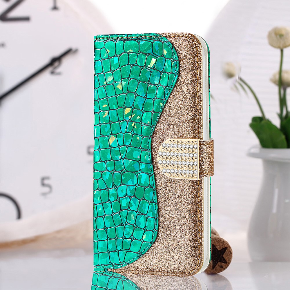 Glittery Powder Splicing Crocodile Skin Leather Wallet Case for Samsung Galaxy S21 FE - Green-2