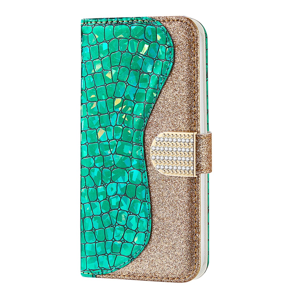 Glittery Powder Splicing Crocodile Skin Leather Wallet Case for Samsung Galaxy S21 FE - Green-9