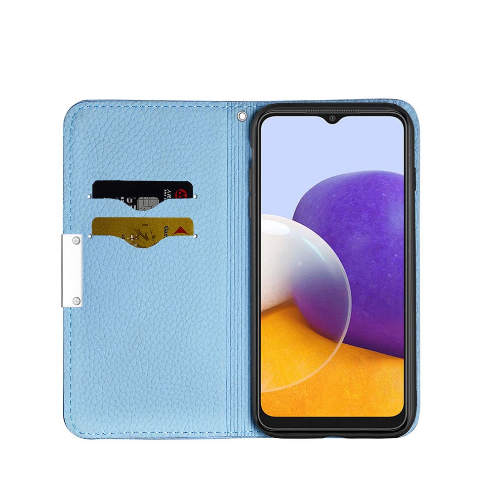 Litchi Skin Auto-absorbed Leather Stand Cover with Card Slots for Samsung Galaxy A22 5G (EU Version) - Blue-9