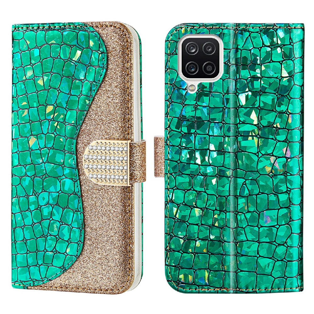 Glittery Powder Splicing Crocodile Skin Leather Wallet Case for Samsung Galaxy A22 4G (EU Version) - Green-1