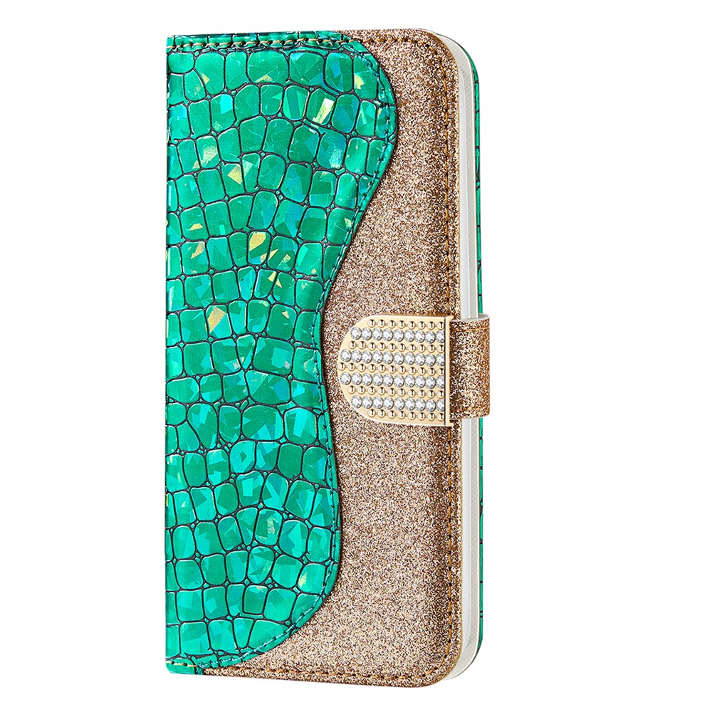 Glittery Powder Splicing Crocodile Skin Leather Wallet Case for Samsung Galaxy A22 4G (EU Version) - Green-8