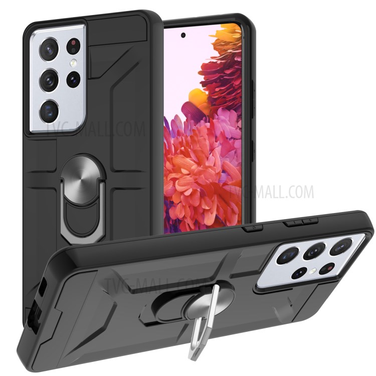 Matte Suface Detachable 2-in-1 Hybrid Phone Case with Finger Ring Kickstand Design for Samsung Galaxy S21 Ultra 5G - Black-1
