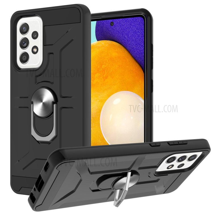Rubberized 2-in-1 Hybrid Phone Case with Finger Ring Kickstand Design for Samsung Galaxy A52 4G/5G - Black-1