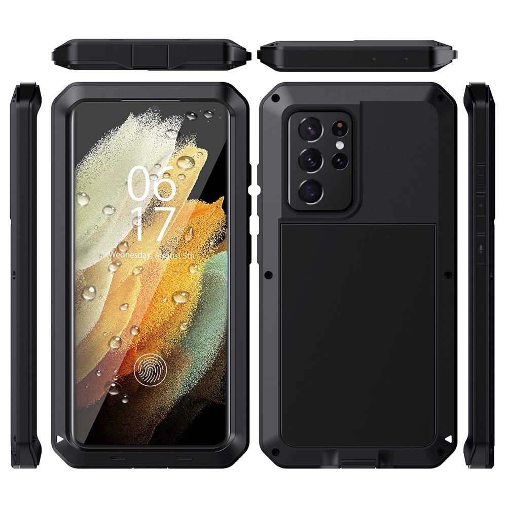 Tank Series Shockproof TPU+Metal Phone Case with Tempered Glass Film for Samsung Galaxy S21 Ultra 5G - Black-2