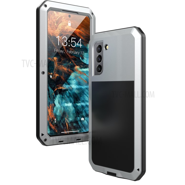Tank Series Shock Resistant Hybrid Cell Phone Case Cover with Tempered Glass Film for Samsung Galaxy S21 5G - Silver-1