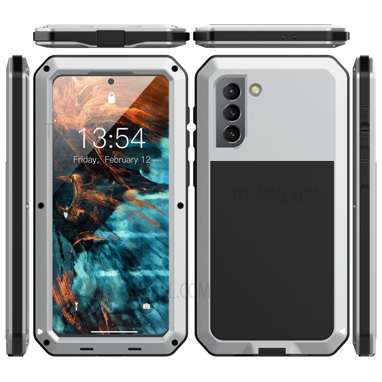 Tank Series Shock Resistant Hybrid Cell Phone Case Cover with Tempered Glass Film for Samsung Galaxy S21 5G - Silver-2