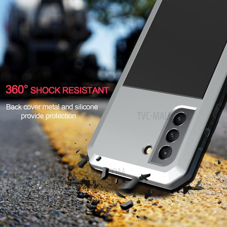 Tank Series Shock Resistant Hybrid Cell Phone Case Cover with Tempered Glass Film for Samsung Galaxy S21 5G - Silver-4