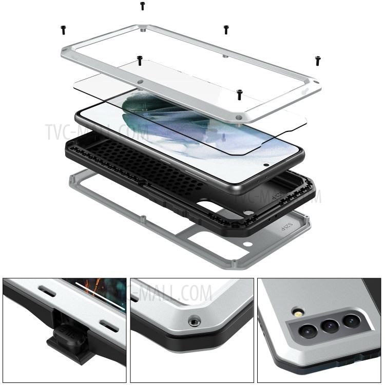 Tank Series Shock Resistant Hybrid Cell Phone Case Cover with Tempered Glass Film for Samsung Galaxy S21 5G - Silver-8