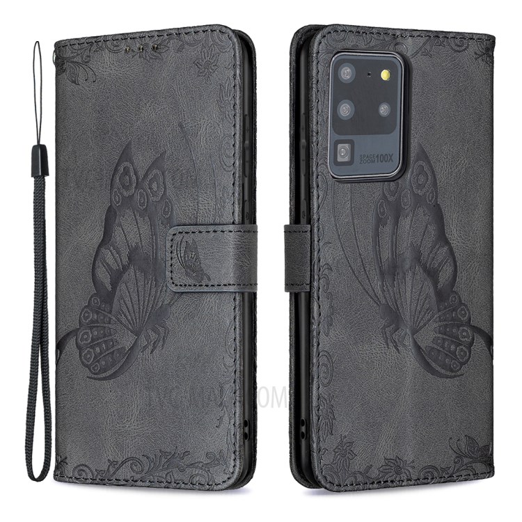 Imprint Butterfly Flower Leather Wallet Shell Cover for Samsung Galaxy S20 Ultra - Black-1